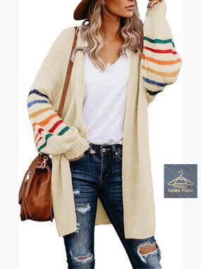 Long Open Front Cardigan Striped Color Block Loose Knit Sweater